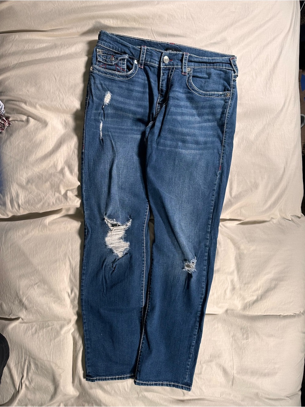 True Religion Geno Flap Big T Relaxed Slim Fit 33 Dark Wash Y2K Heavy Stitching